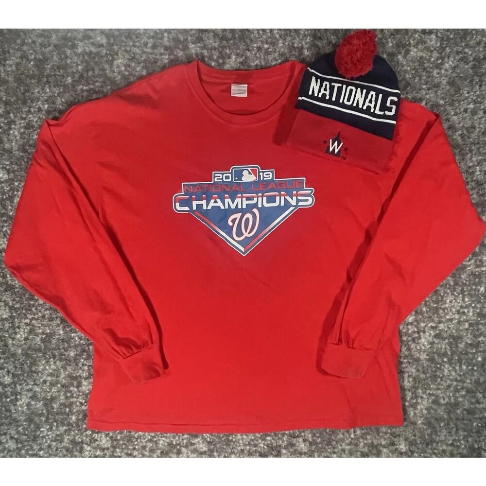Washington Nationals 2019 NL Champions Men’s 2XL Long Sleeve T-Shirt & Hat MLB